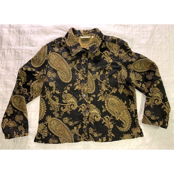 French Laundry Womens Large Blazer Jacket Black Gold Paisley Floral Button Up - Picture 1 of 8